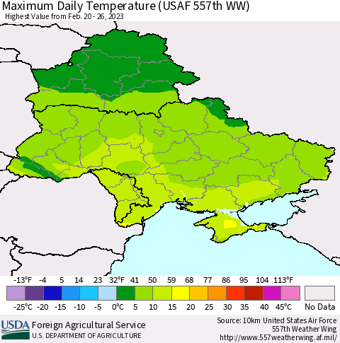 Ukraine, Moldova and Belarus Maximum Daily Temperature (USAF 557th WW) Thematic Map For 2/20/2023 - 2/26/2023