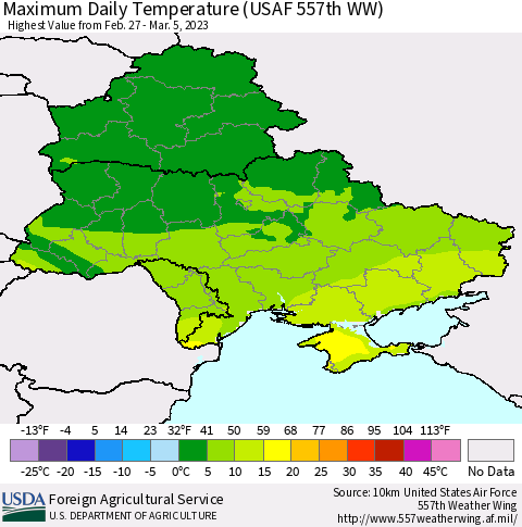 Ukraine, Moldova and Belarus Maximum Daily Temperature (USAF 557th WW) Thematic Map For 2/27/2023 - 3/5/2023