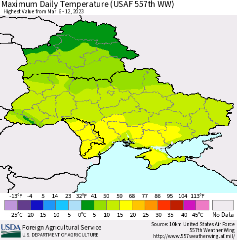 Ukraine, Moldova and Belarus Maximum Daily Temperature (USAF 557th WW) Thematic Map For 3/6/2023 - 3/12/2023