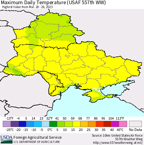 Ukraine, Moldova and Belarus Maximum Daily Temperature (USAF 557th WW) Thematic Map For 3/20/2023 - 3/26/2023