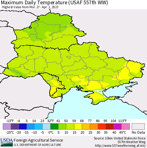 Ukraine, Moldova and Belarus Maximum Daily Temperature (USAF 557th WW) Thematic Map For 3/27/2023 - 4/2/2023
