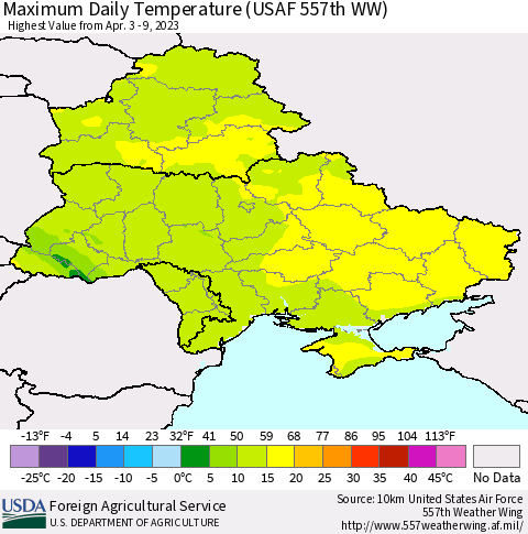 Ukraine, Moldova and Belarus Maximum Daily Temperature (USAF 557th WW) Thematic Map For 4/3/2023 - 4/9/2023