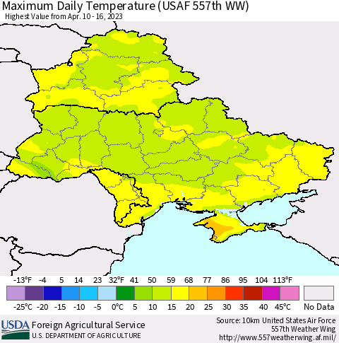 Ukraine, Moldova and Belarus Maximum Daily Temperature (USAF 557th WW) Thematic Map For 4/10/2023 - 4/16/2023