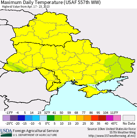 Ukraine, Moldova and Belarus Maximum Daily Temperature (USAF 557th WW) Thematic Map For 4/17/2023 - 4/23/2023