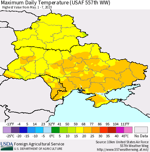 Ukraine, Moldova and Belarus Maximum Daily Temperature (USAF 557th WW) Thematic Map For 5/1/2023 - 5/7/2023