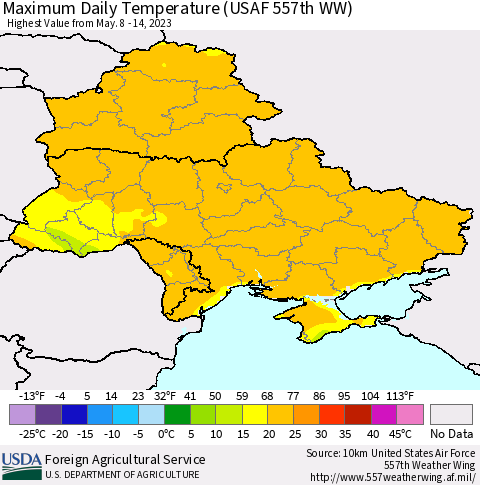 Ukraine, Moldova and Belarus Maximum Daily Temperature (USAF 557th WW) Thematic Map For 5/8/2023 - 5/14/2023