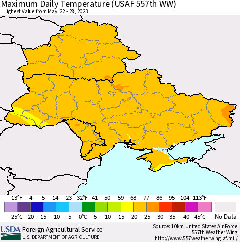 Ukraine, Moldova and Belarus Maximum Daily Temperature (USAF 557th WW) Thematic Map For 5/22/2023 - 5/28/2023