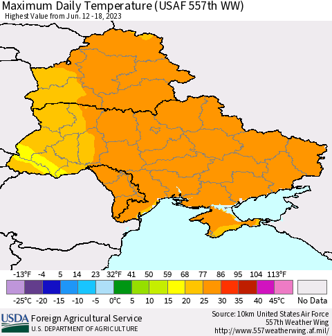 Ukraine, Moldova and Belarus Maximum Daily Temperature (USAF 557th WW) Thematic Map For 6/12/2023 - 6/18/2023