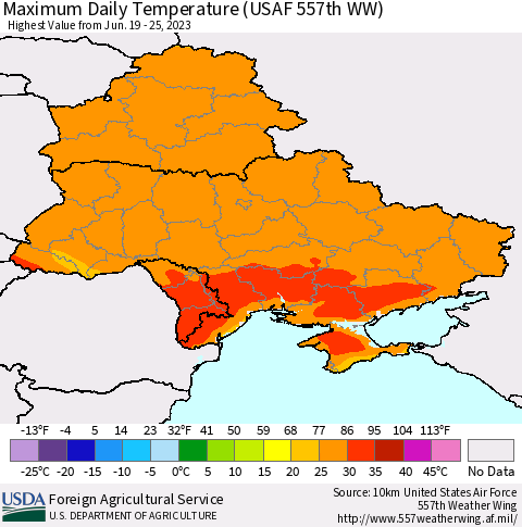 Ukraine, Moldova and Belarus Maximum Daily Temperature (USAF 557th WW) Thematic Map For 6/19/2023 - 6/25/2023