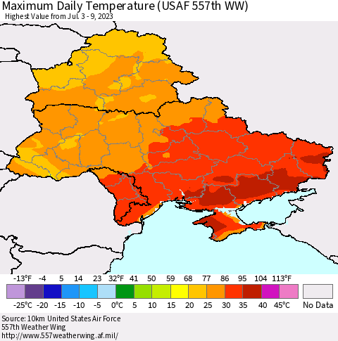 Ukraine, Moldova and Belarus Maximum Daily Temperature (USAF 557th WW) Thematic Map For 7/3/2023 - 7/9/2023