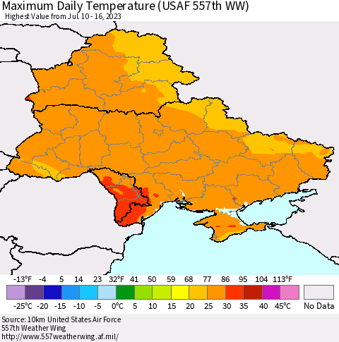 Ukraine, Moldova and Belarus Maximum Daily Temperature (USAF 557th WW) Thematic Map For 7/10/2023 - 7/16/2023