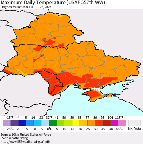 Ukraine, Moldova and Belarus Maximum Daily Temperature (USAF 557th WW) Thematic Map For 7/17/2023 - 7/23/2023