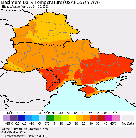 Ukraine, Moldova and Belarus Maximum Daily Temperature (USAF 557th WW) Thematic Map For 7/24/2023 - 7/30/2023