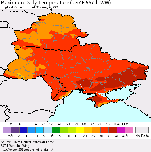 Ukraine, Moldova and Belarus Maximum Daily Temperature (USAF 557th WW) Thematic Map For 7/31/2023 - 8/6/2023