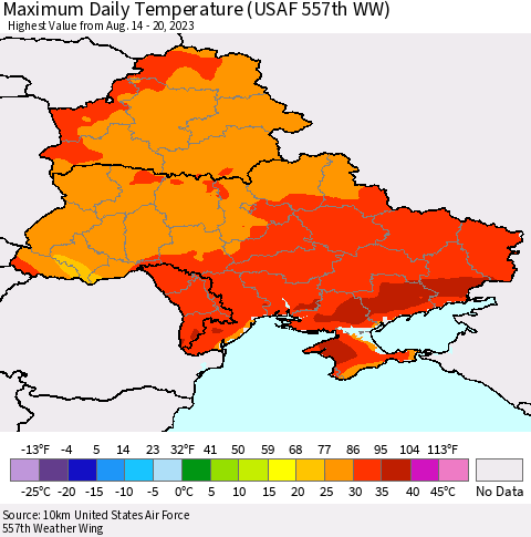 Ukraine, Moldova and Belarus Maximum Daily Temperature (USAF 557th WW) Thematic Map For 8/14/2023 - 8/20/2023