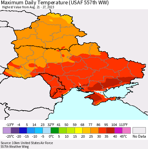 Ukraine, Moldova and Belarus Maximum Daily Temperature (USAF 557th WW) Thematic Map For 8/21/2023 - 8/27/2023
