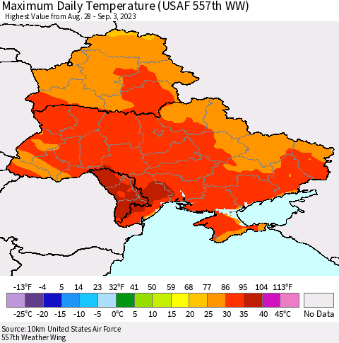 Ukraine, Moldova and Belarus Maximum Daily Temperature (USAF 557th WW) Thematic Map For 8/28/2023 - 9/3/2023