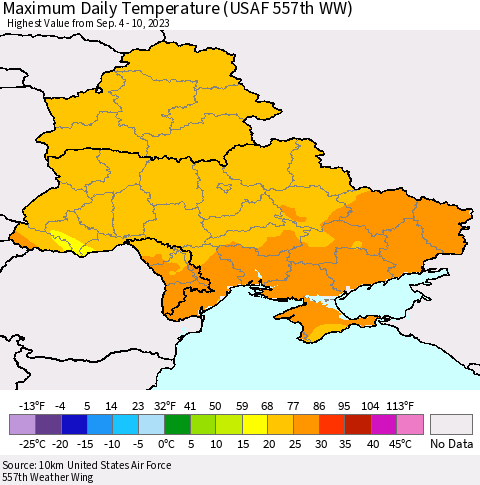 Ukraine, Moldova and Belarus Maximum Daily Temperature (USAF 557th WW) Thematic Map For 9/4/2023 - 9/10/2023