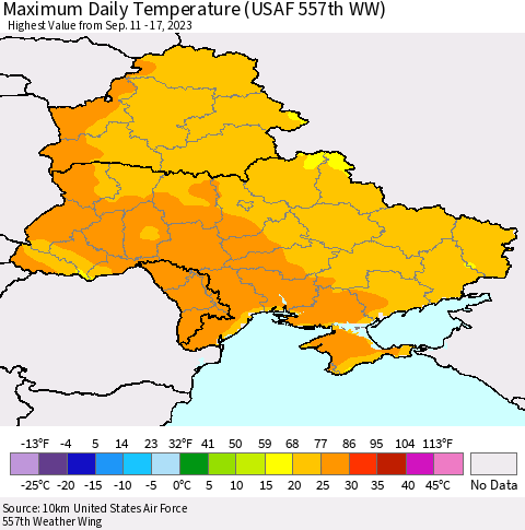 Ukraine, Moldova and Belarus Maximum Daily Temperature (USAF 557th WW) Thematic Map For 9/11/2023 - 9/17/2023