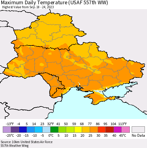 Ukraine, Moldova and Belarus Maximum Daily Temperature (USAF 557th WW) Thematic Map For 9/18/2023 - 9/24/2023