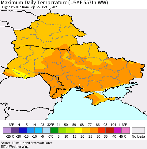 Ukraine, Moldova and Belarus Maximum Daily Temperature (USAF 557th WW) Thematic Map For 9/25/2023 - 10/1/2023