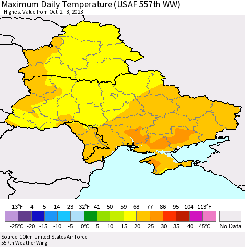 Ukraine, Moldova and Belarus Maximum Daily Temperature (USAF 557th WW) Thematic Map For 10/2/2023 - 10/8/2023