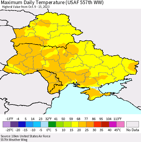 Ukraine, Moldova and Belarus Maximum Daily Temperature (USAF 557th WW) Thematic Map For 10/9/2023 - 10/15/2023