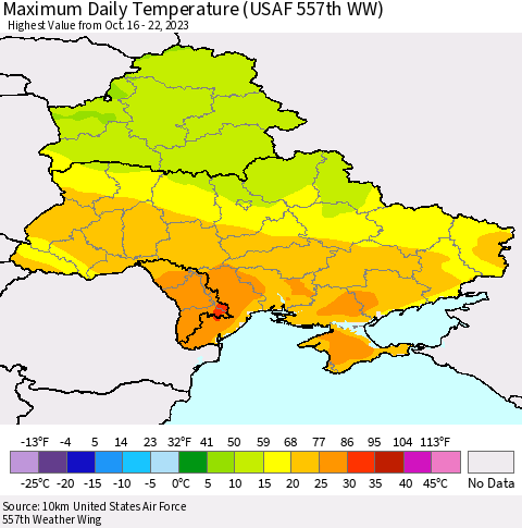 Ukraine, Moldova and Belarus Maximum Daily Temperature (USAF 557th WW) Thematic Map For 10/16/2023 - 10/22/2023