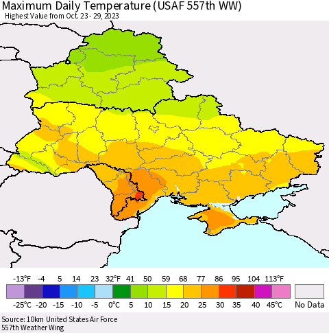 Ukraine, Moldova and Belarus Maximum Daily Temperature (USAF 557th WW) Thematic Map For 10/23/2023 - 10/29/2023