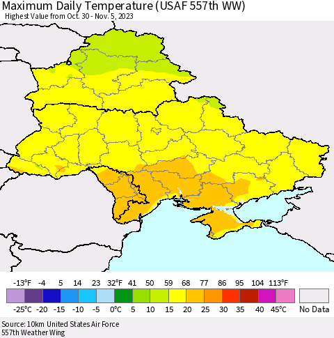 Ukraine, Moldova and Belarus Maximum Daily Temperature (USAF 557th WW) Thematic Map For 10/30/2023 - 11/5/2023