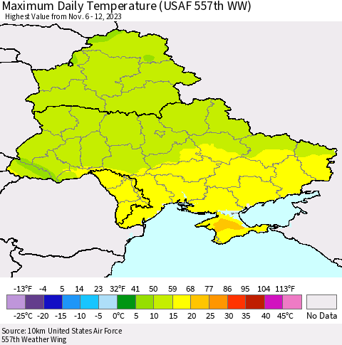 Ukraine, Moldova and Belarus Maximum Daily Temperature (USAF 557th WW) Thematic Map For 11/6/2023 - 11/12/2023