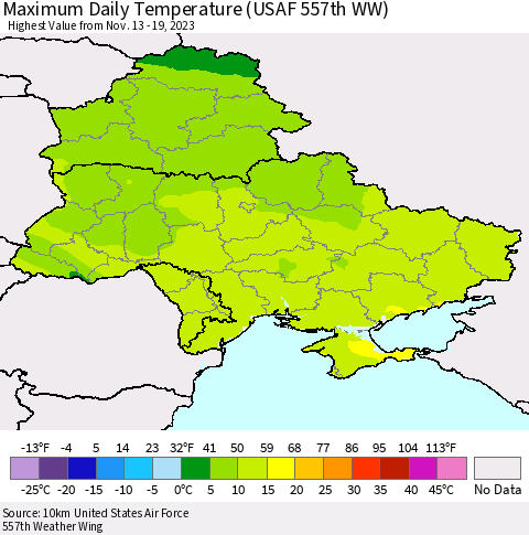 Ukraine, Moldova and Belarus Maximum Daily Temperature (USAF 557th WW) Thematic Map For 11/13/2023 - 11/19/2023