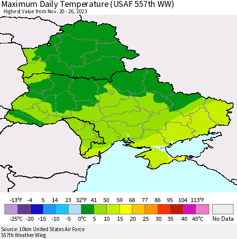 Ukraine, Moldova and Belarus Maximum Daily Temperature (USAF 557th WW) Thematic Map For 11/20/2023 - 11/26/2023