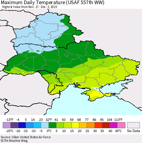 Ukraine, Moldova and Belarus Maximum Daily Temperature (USAF 557th WW) Thematic Map For 11/27/2023 - 12/3/2023