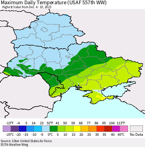 Ukraine, Moldova and Belarus Maximum Daily Temperature (USAF 557th WW) Thematic Map For 12/4/2023 - 12/10/2023