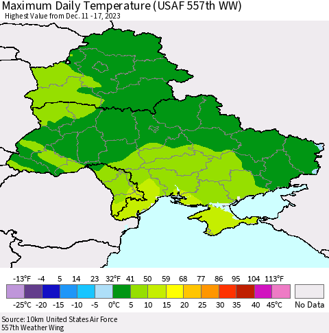 Ukraine, Moldova and Belarus Maximum Daily Temperature (USAF 557th WW) Thematic Map For 12/11/2023 - 12/17/2023