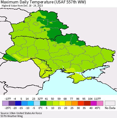 Ukraine, Moldova and Belarus Maximum Daily Temperature (USAF 557th WW) Thematic Map For 12/18/2023 - 12/24/2023