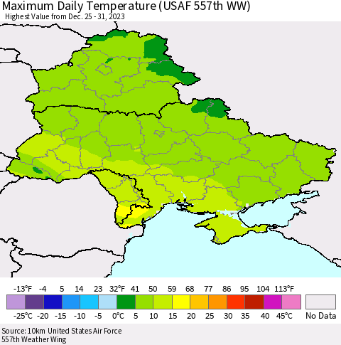 Ukraine, Moldova and Belarus Maximum Daily Temperature (USAF 557th WW) Thematic Map For 12/25/2023 - 12/31/2023