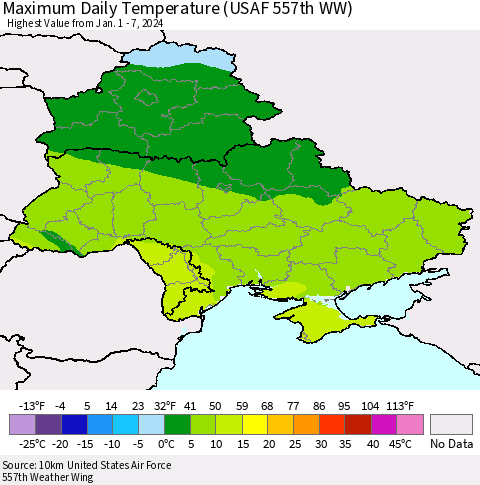 Ukraine, Moldova and Belarus Maximum Daily Temperature (USAF 557th WW) Thematic Map For 1/1/2024 - 1/7/2024