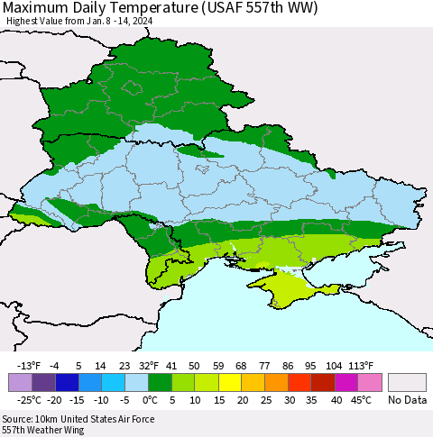 Ukraine, Moldova and Belarus Maximum Daily Temperature (USAF 557th WW) Thematic Map For 1/8/2024 - 1/14/2024