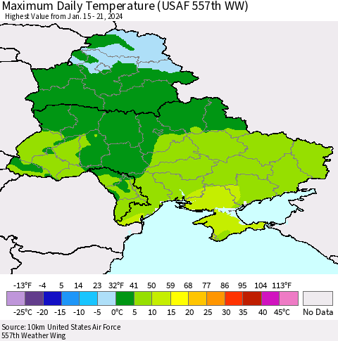 Ukraine, Moldova and Belarus Maximum Daily Temperature (USAF 557th WW) Thematic Map For 1/15/2024 - 1/21/2024