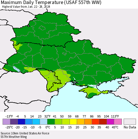 Ukraine, Moldova and Belarus Maximum Daily Temperature (USAF 557th WW) Thematic Map For 1/22/2024 - 1/28/2024