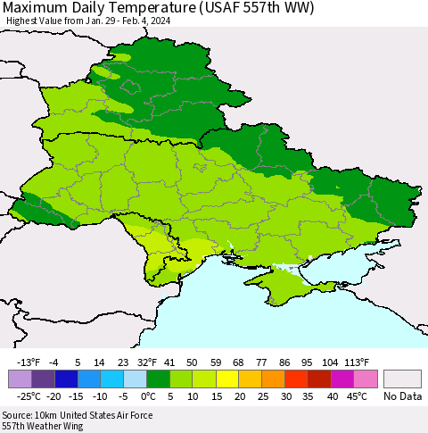 Ukraine, Moldova and Belarus Maximum Daily Temperature (USAF 557th WW) Thematic Map For 1/29/2024 - 2/4/2024