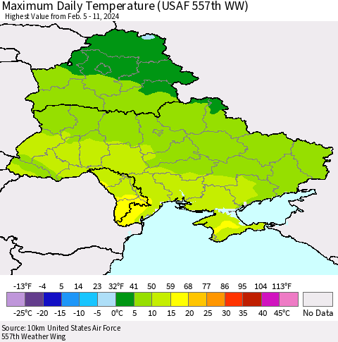 Ukraine, Moldova and Belarus Maximum Daily Temperature (USAF 557th WW) Thematic Map For 2/5/2024 - 2/11/2024