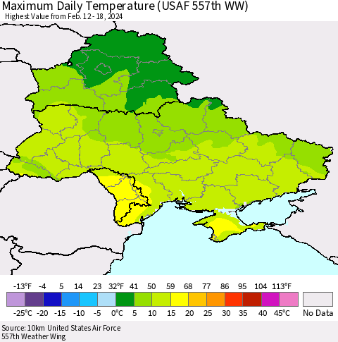 Ukraine, Moldova and Belarus Maximum Daily Temperature (USAF 557th WW) Thematic Map For 2/12/2024 - 2/18/2024
