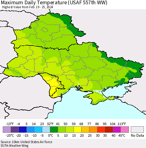 Ukraine, Moldova and Belarus Maximum Daily Temperature (USAF 557th WW) Thematic Map For 2/19/2024 - 2/25/2024