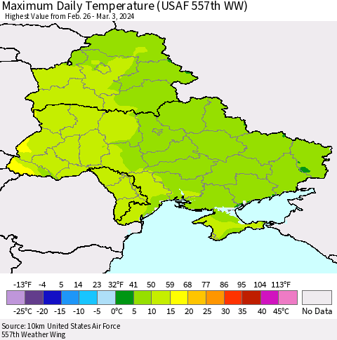 Ukraine, Moldova and Belarus Maximum Daily Temperature (USAF 557th WW) Thematic Map For 2/26/2024 - 3/3/2024