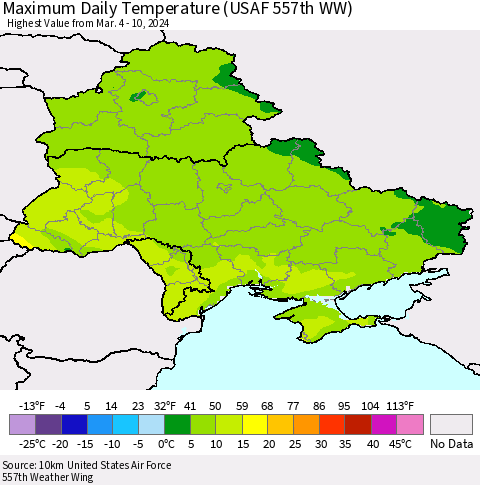 Ukraine, Moldova and Belarus Maximum Daily Temperature (USAF 557th WW) Thematic Map For 3/4/2024 - 3/10/2024