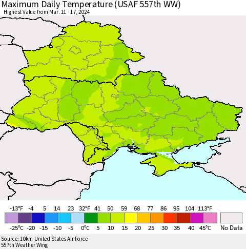 Ukraine, Moldova and Belarus Maximum Daily Temperature (USAF 557th WW) Thematic Map For 3/11/2024 - 3/17/2024