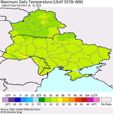 Ukraine, Moldova and Belarus Maximum Daily Temperature (USAF 557th WW) Thematic Map For 3/18/2024 - 3/24/2024